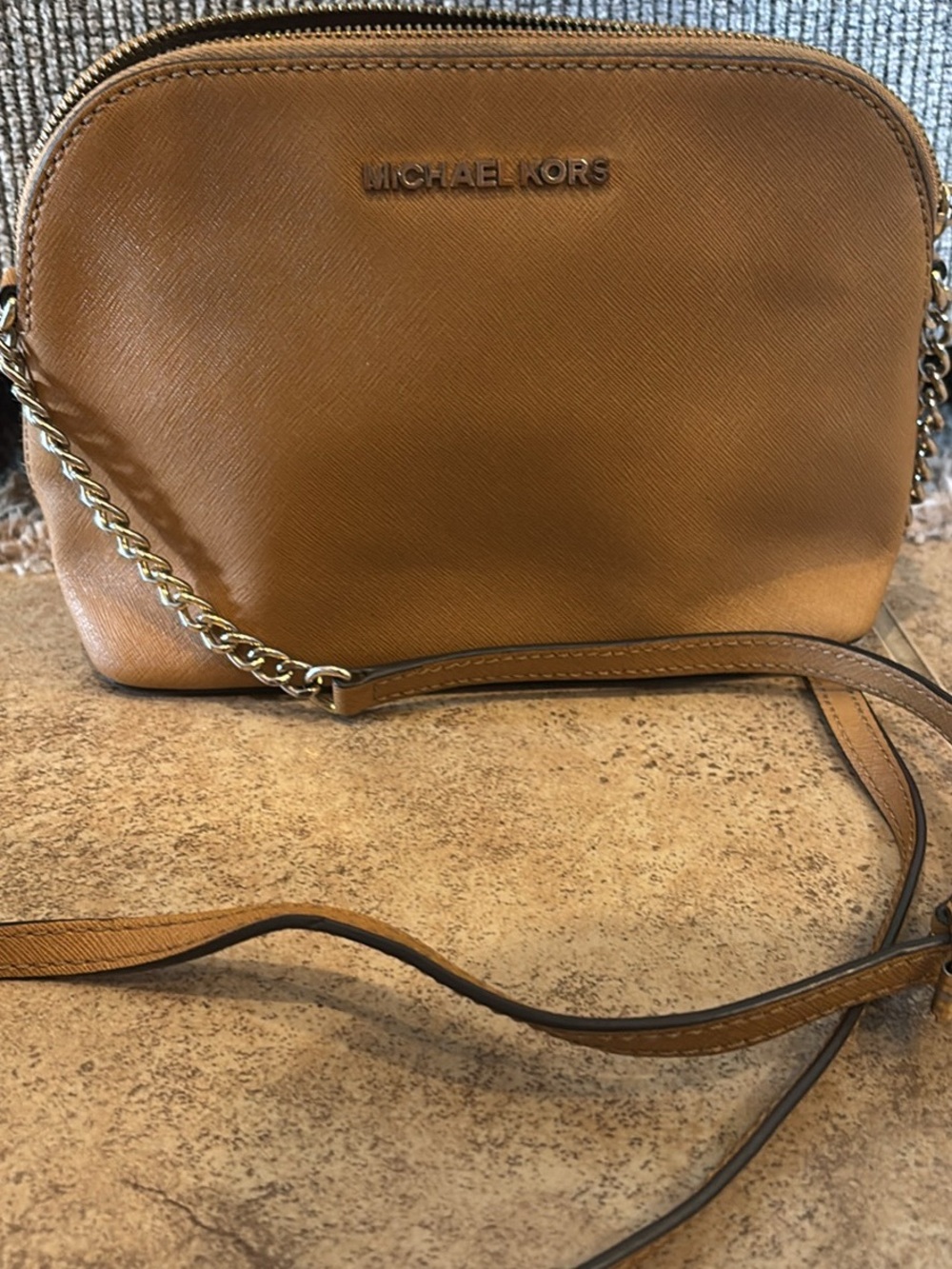 Michael Kors Cognac Leather Chain-Trim Crossbody Bag